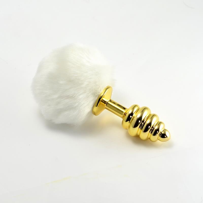 Metal Spiral Butt Plug with White Pompon