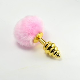 Metal Spiral Butt Plug with Pink Pompon